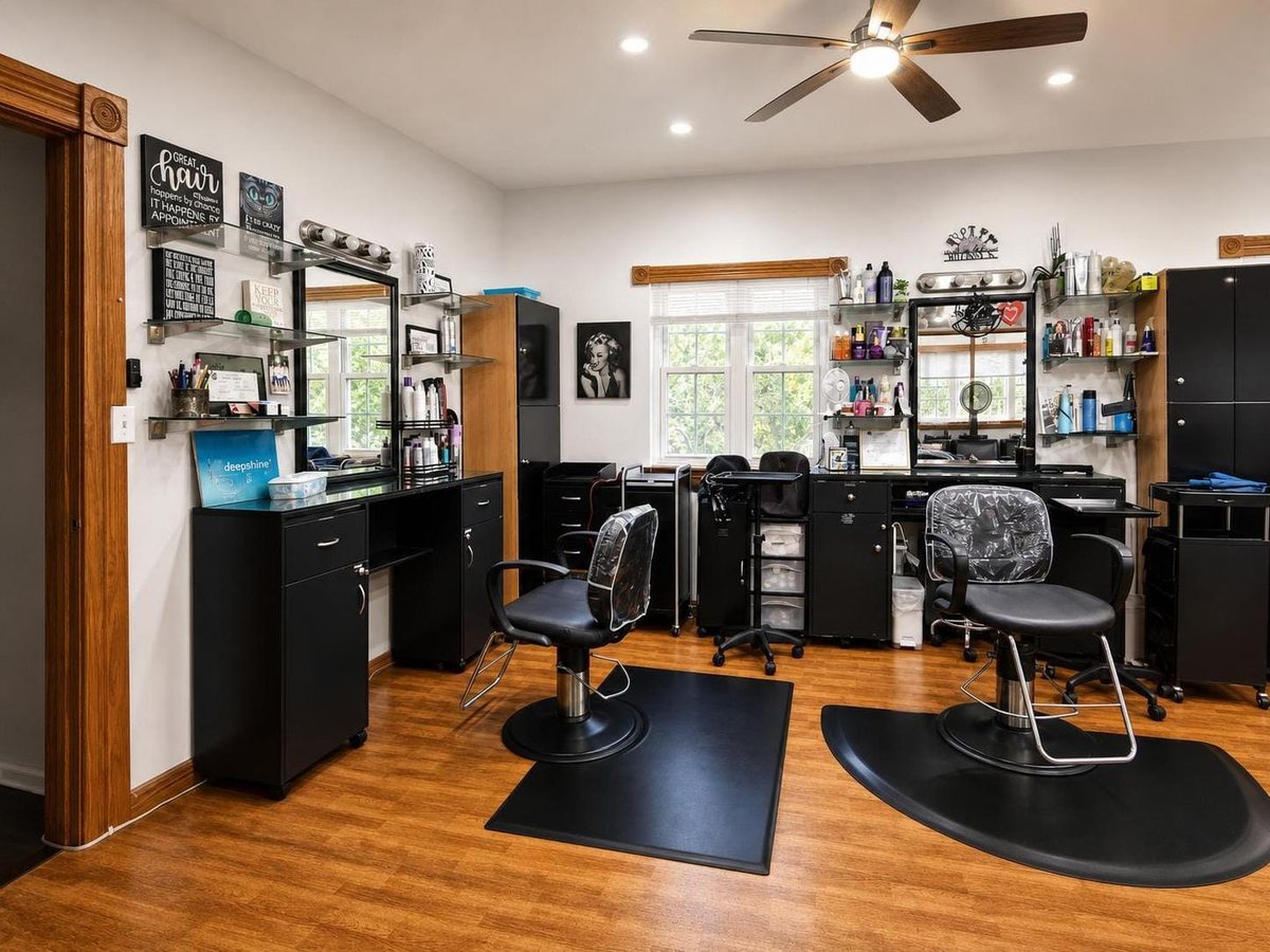 Bright styling stations inside the salon
